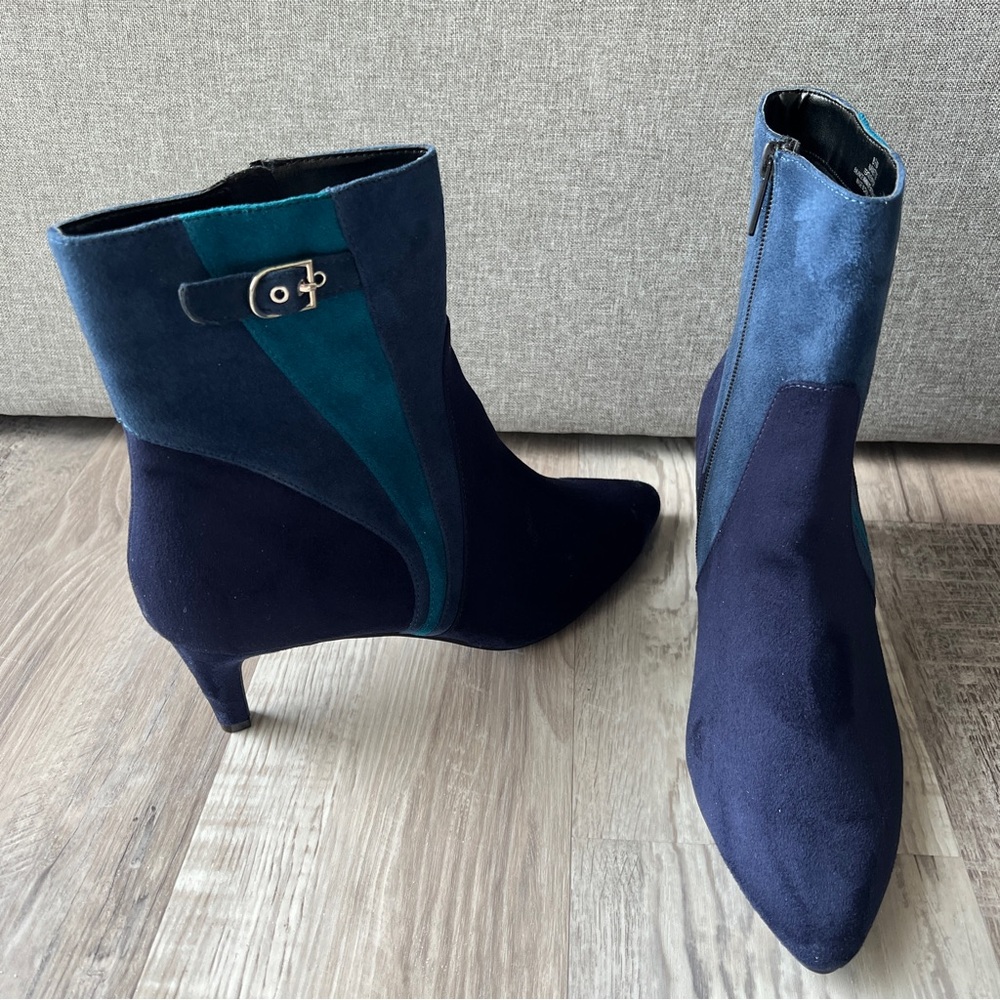 Impo Ankle Booties 3 Tone Blue Heel Suede With Zipper Womens Sz 8.5 NEW w/o Box